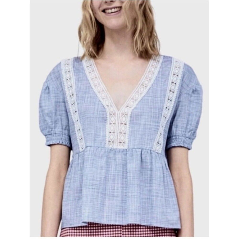 Zara Light Blue V-Neck Lace-Trim Peplum Blouse